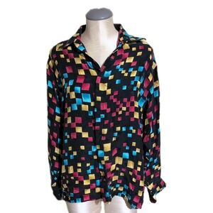 Genelli Men's M  Long Sleeve Silk Button Down Black Square Geometric Design